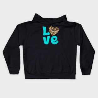 Cheetah Fur Pattern and Turquoise Hearts with Love Word Kids Hoodie